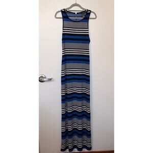 Bisou Bisou Michele Bohbot Striped Maxi Dress Blue Black White Size 8 Zip Back